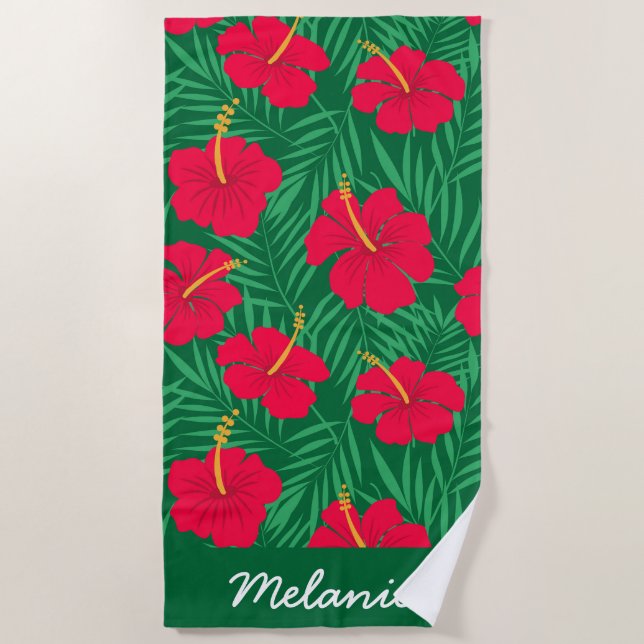 Red Hibiscus Flowers on Tropical Leaves Custom  Beach Towel (Front)