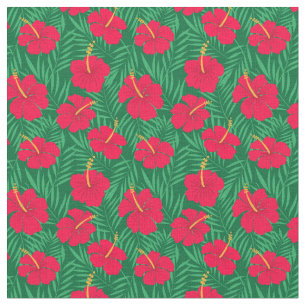 Red Hibiscus Flowers on Tropical Leaves Pattern Fabric