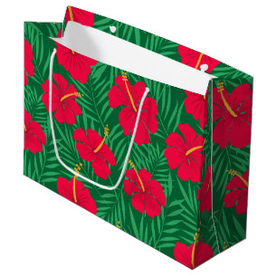 Red Hibiscus Flowers on Tropical Leaves Pattern Large Gift Bag