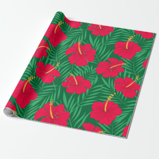 Red Hibiscus Flowers on Tropical Leaves Pattern  Wrapping Paper