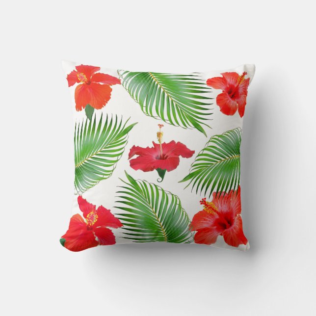 Red Hibiscus Flowers & Palm Leaves on White Cushion (Front)