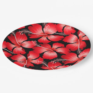 Red hibiscus flowers paper plate