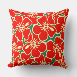 Red Hibiscus Flowers Tropical Hawaiian Luau Cushion