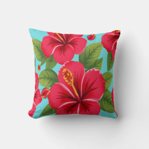 Red Hibiscus Flowers – Tropical Vibrant Sky Blue Cushion