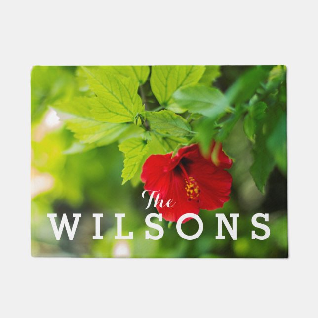 Red Hibiscus Hawaii Tropical Flower • Family Name Doormat