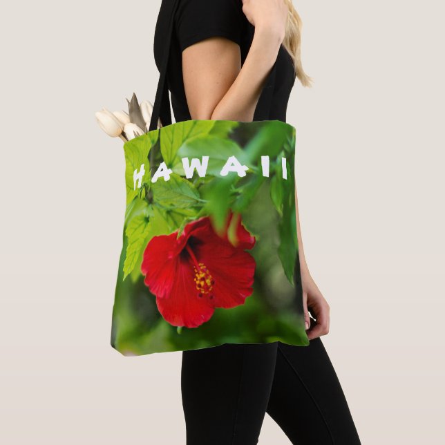 Red Hibiscus Hawaii Tropical Flower Tote Bag (Close Up)