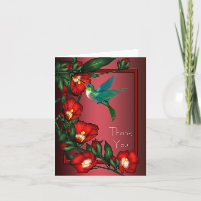 Red Hibiscus Hummingbird Thank You Cards (Front)