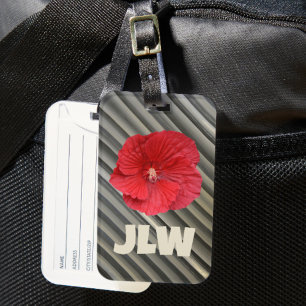 Red Hibiscus Modern Bold Smokey Grey Stripes Luggage Tag