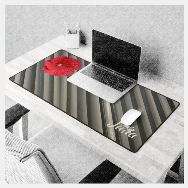 Red Hibiscus Modern Smokey Grey Stripes Desk Mat (Creator Uploaded)