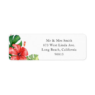 Red Hibiscus Monstera Tropical Return Address Label