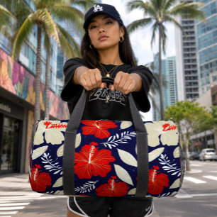 Red Hibiscus Navy Blue Tropical Hawaiian Duffle Bag