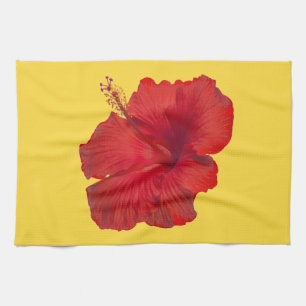 Red Hibiscus on Lemon Zest Yellow Template Tea Towel