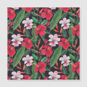 Red hibiscus, orchids, tropical watercolor.