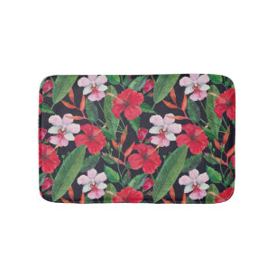 Red hibiscus, orchids, tropical watercolor. bath mat