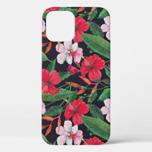 Red hibiscus, orchids, tropical watercolor. iPhone 12 case