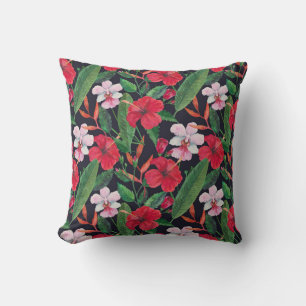 Red hibiscus, orchids, tropical watercolor. cushion