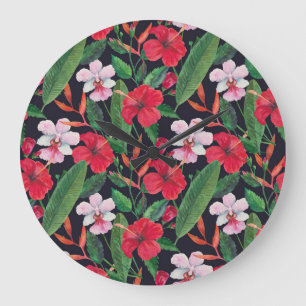 Red hibiscus, orchids, tropical watercolor. large clock