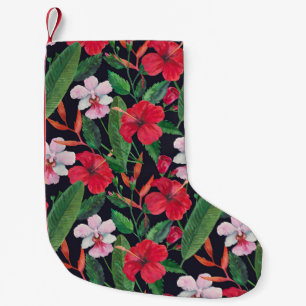 Red hibiscus, orchids, tropical watercolor. small christmas stocking