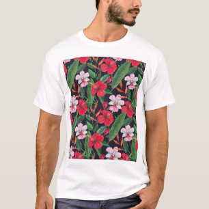 Red hibiscus, orchids, tropical watercolor. T-Shirt
