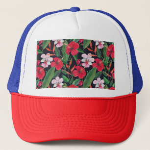 Red hibiscus, orchids, tropical watercolor. trucker hat