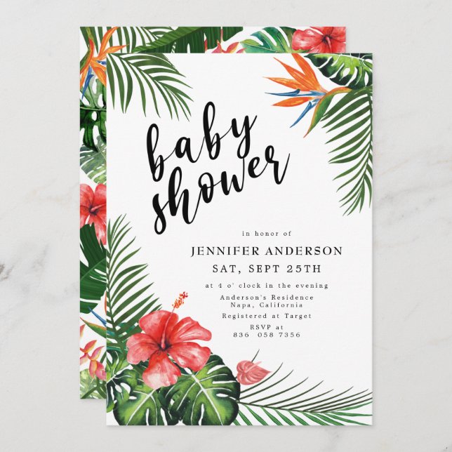 Red Hibiscus Palm Leaves Tropical Baby Shower Invitation (Front/Back)