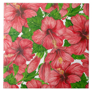 Red hibiscus pattern II Ceramic Tile