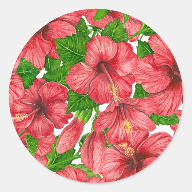 Red hibiscus pattern II Classic Round Sticker (Front)