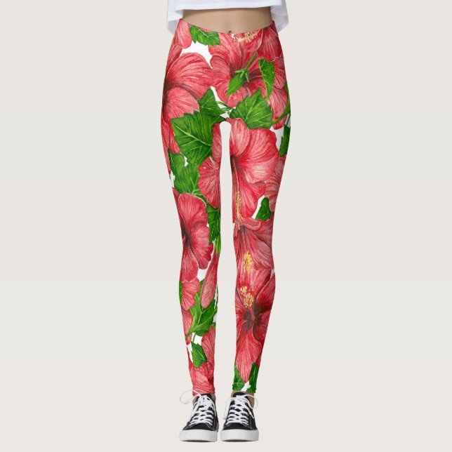 Red hibiscus pattern II Leggings (Front)