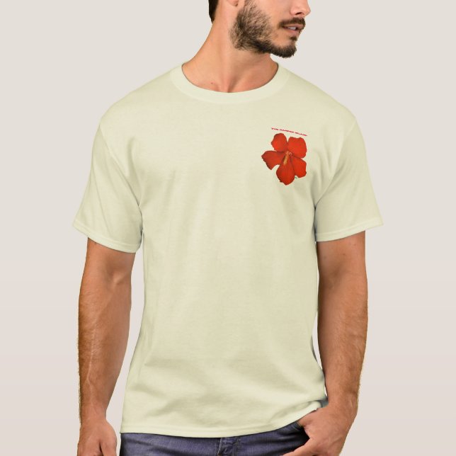 Red Hibiscus Pocket T-Shirt ~ "THINK KAUAI" (Front)