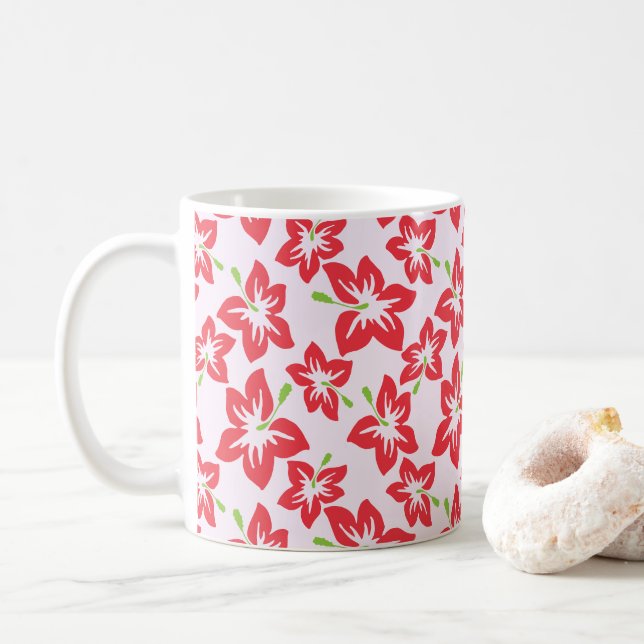 Red Hibiscus, Red Flowers, Pattern Of Flowers Coffee Mug (With Donut)