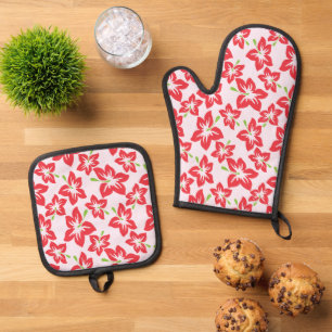 Red Hibiscus, Red Flowers, Pattern Of Flowers Oven Mitt & Pot Holder Set