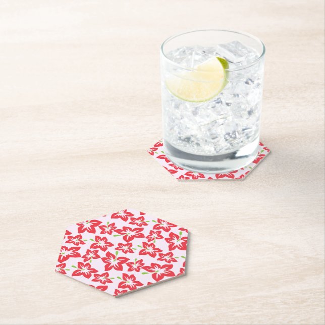 Red Hibiscus, Red Flowers, Pattern Of Flowers Paper Coaster (Insitu)