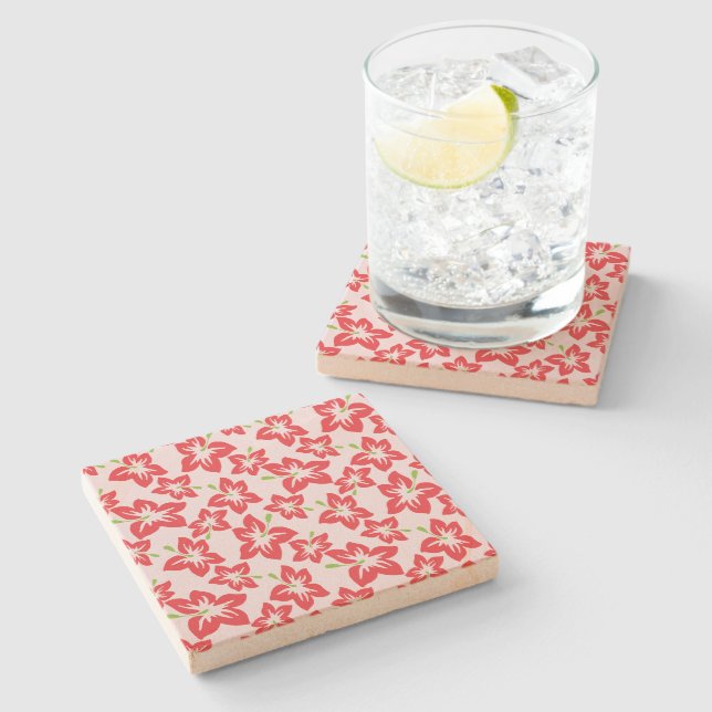 Red Hibiscus, Red Flowers, Pattern Of Flowers Stone Coaster (Side)