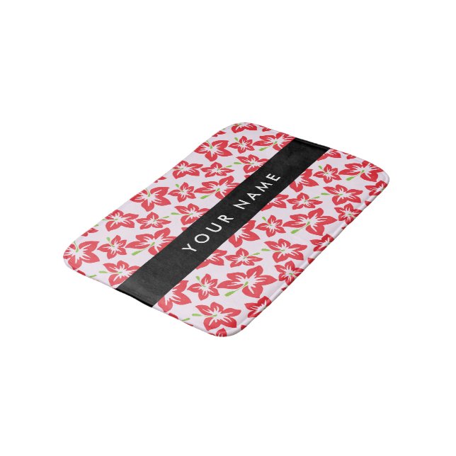 Red Hibiscus, Red Flowers, Your Name Bath Mat (Angled)