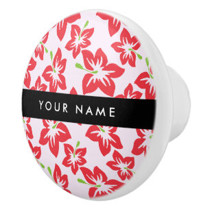 Red Hibiscus, Red Flowers, Your Name Ceramic Knob