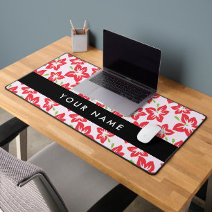 Red Hibiscus, Red Flowers, Your Name Desk Mat