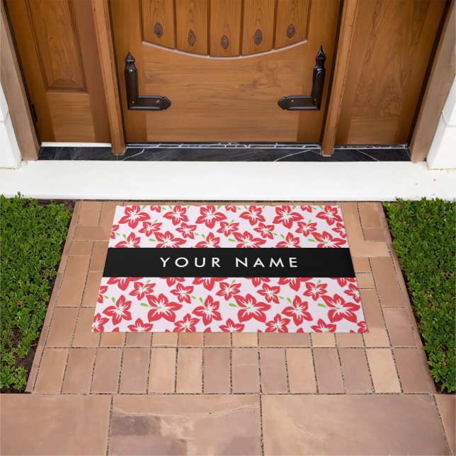 Red Hibiscus, Red Flowers, Your Name Doormat (Outdoor)