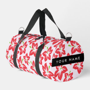 Red Hibiscus, Red Flowers, Your Name Duffle Bag