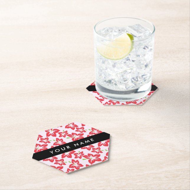 Red Hibiscus, Red Flowers, Your Name Paper Coaster (Insitu)
