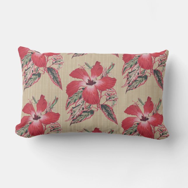 Red Hibiscus Splash on Taupe Lumbar Throw Pillow (Front)