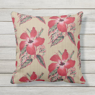 Red Hibiscus Splash on Taupe Throw Pillow 16x16