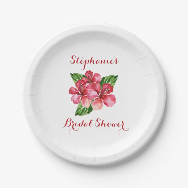 Red Hibiscus Tropical Bridal Shower Customised Paper Plate (Front)
