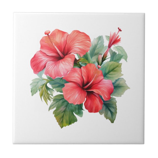 Red Hibiscus Tropical Floral Kitchen Bathroom  Ceramic Tile (Front)