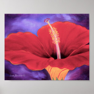 Red Hibiscus Tropical Flower Painting - Poster