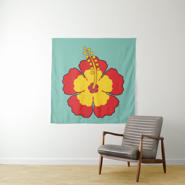 Red Hibiscus Tropical Flower Tapestry (In Situ)
