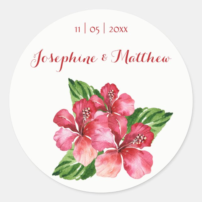 Red Hibiscus Tropical Watercolor Wedding Stickers (Front)