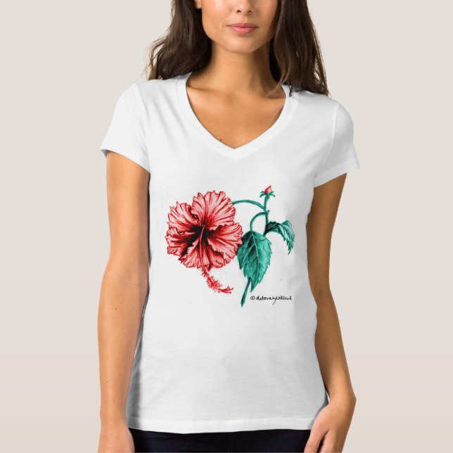 Red Hibiscus V-Neck T-shirt for Women (Front)