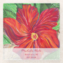Red Hibiscus Vacation Home Glass Coaster