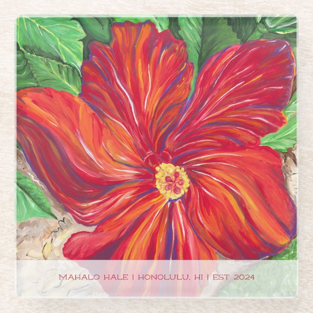 Red Hibiscus Vacation Home Glass Coaster (Front)