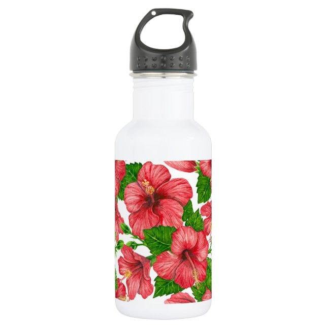 Red hibiscus watercolor pattern 532 ml water bottle (Front)